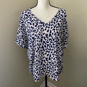 Lush Blue and White Animal Print V-Neck Blouse